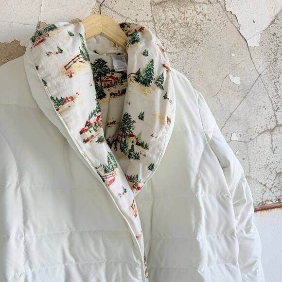 Lands End Down Puffer Coat White Long Maxi Jacket Fleece Lined Cabin Print M Vtg - Picture 3 of 11